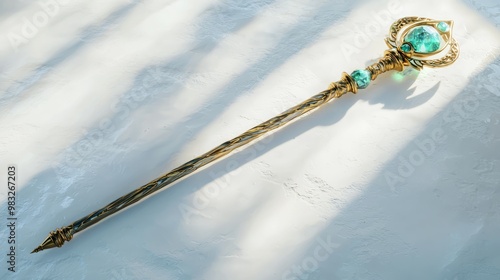 Majestic 3D Rendering of Glowing Gemstone-Encrusted Staff on White Background photo