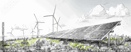 Wind turbines and solar panels sketch. vector simple illustration