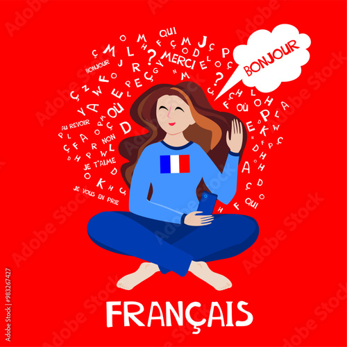 Francais. Translate: "French". Language education. Сoncept of learning French language flat . Illustration for book, dictionary, vocabulary, speaking, reading, writing, listening skills.