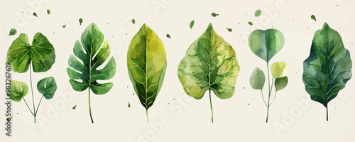 Hand drawn vector illustrations of 8 green leaves