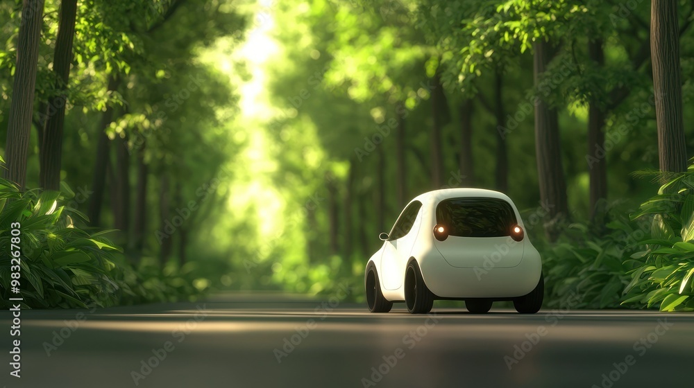 Small white car on a scenic forest road with lush greenery. Small white car on a scenic forest road with lush greenery.