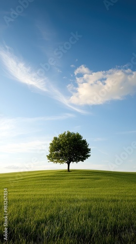 Solitary tree on green hill under blue sky and fluffy clouds