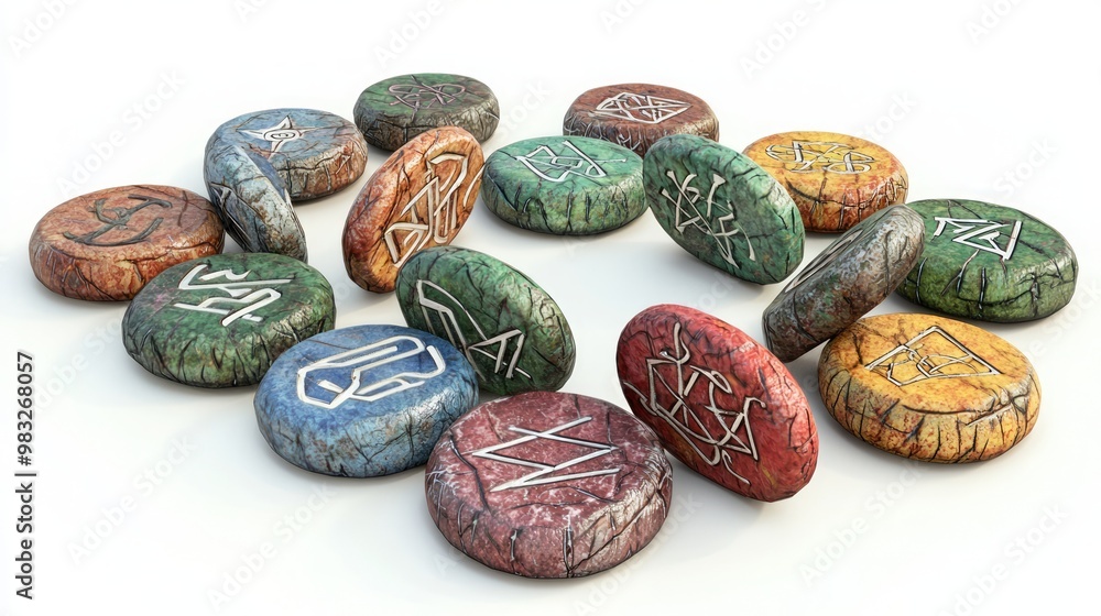 Mystical Collection of 3D Runes in Artistic Arrangement Against White Background Mystical Collection of 3D Runes in Artistic Arrangement Against White Background