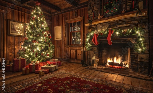Wallpaper Mural interior christmas. magic glowing tree, fireplace, gifts in dark Torontodigital.ca