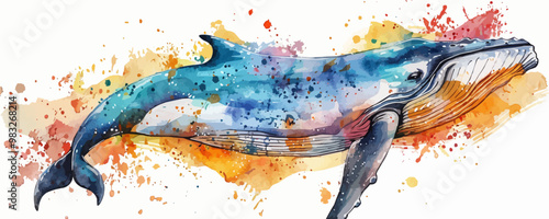 Beautiful whale hand drawn watercolor illustration sea animals