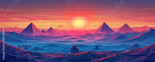 Futuristic landscape with views of the pyramids and the city. vector simple illustration