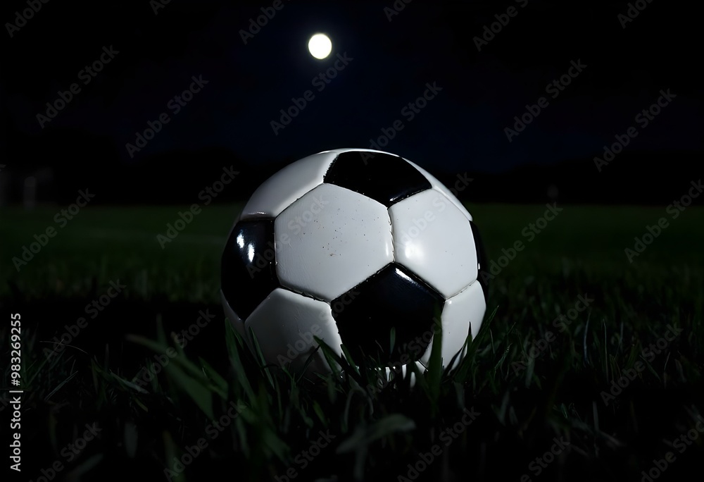 A close-up of a soccer ball resting on dark grass at night, with moonlight creating a soft glow. create with ai A close-up of a soccer ball resting on dark grass at night, with moonlight creating a soft glow. create with ai