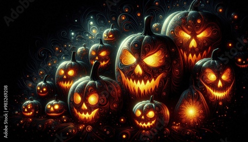 Generative AI illustration of illuminated carved pumpkins with different evil faces in darkness at Halloween night