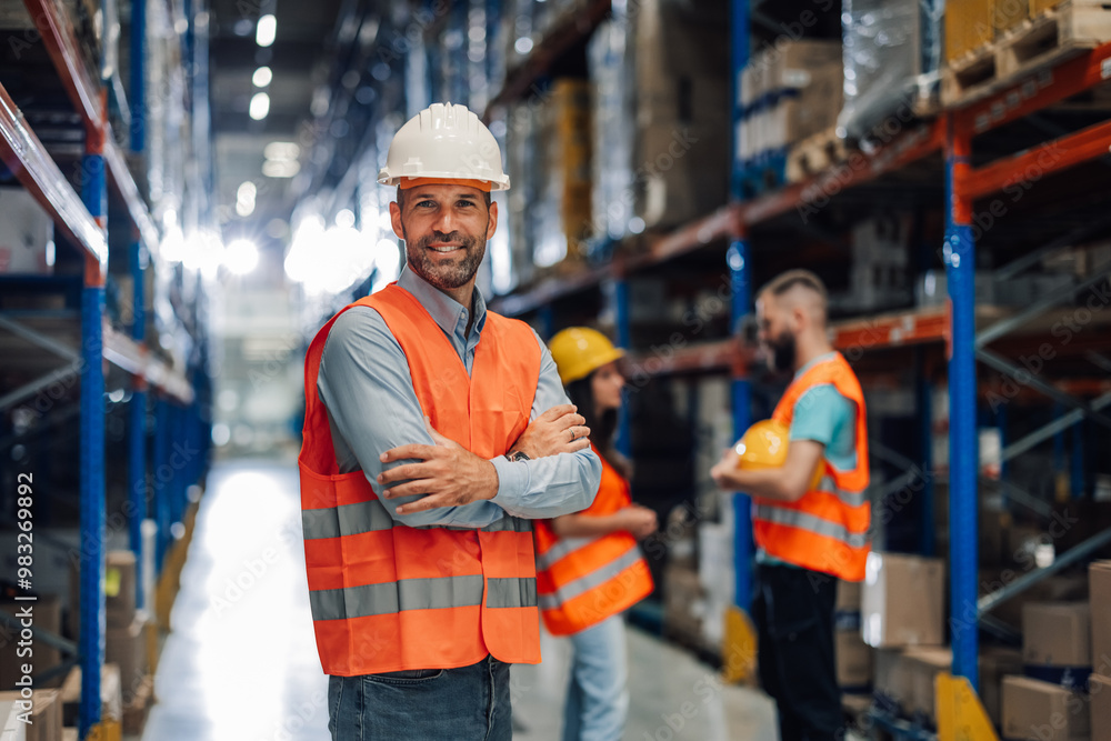 Focused warehouse worker with crossed arms and safety gear Focused warehouse worker with crossed arms and safety gear