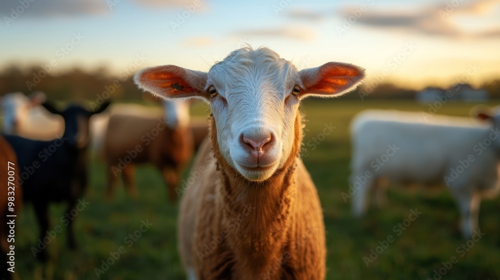 Curious sheep in a pasture at sunset, looking at the camera. Curious sheep in a pasture at sunset, looking at the camera.
