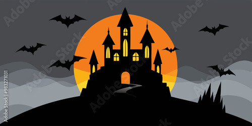 Un castillo oscuro en la cima de una colina, iluminado por una luna llena naranja, con murciélagos volando a su alrededor. El paisaje crea una atmósfera de misterio y terror.