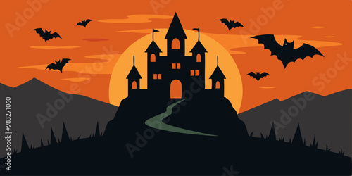 Castillo gótico en la cima de una colina bajo una luna llena naranja, con murciélagos volando sobre el paisaje montañoso. El cielo oscuro acentúa el ambiente de terror.
