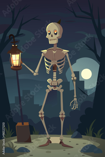 Un esqueleto con ojos brillantes sostiene una linterna en un cementerio bajo la luz de la luna. El paisaje nocturno y sombrío resalta el ambiente terrorífico. 