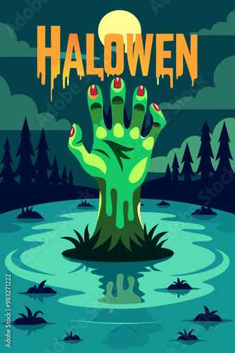 flat-vector-illustration-of-a-monster-s-hand-eUna mano monstruosa verde emerge de un lago bajo la luz de la luna, con la palabra "Halowen" goteando sobre el agua. La escena es espeluznante ymerg-1.svg
