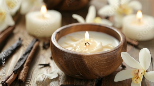 A tranquil and relaxing spa scene featuring soft candles and various aromatic elements to enhance ambiance and serenity