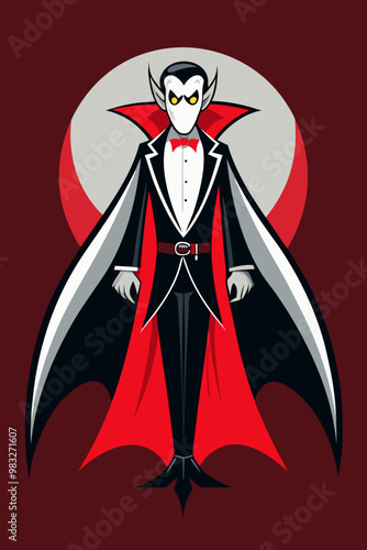 Un vampiro clásico con capa negra y roja, de pie bajo la luz de la luna, con una expresión siniestra. Su traje elegante destaca en el fondo rojo oscuro.