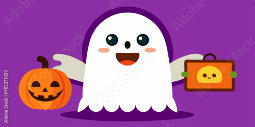 Un fantasma feliz y adorable lleva una calabaza tallada y un maletín de Halloween, sonriendo en un fondo morado brillante. La escena tiene un estilo amigable y festivo.