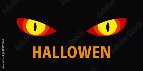  Ojos brillantes de color amarillo y rojo en un fondo negro, con la palabra "Halowen" en naranja debajo. La simplicidad del diseño aumenta la sensación de misterio y miedo. 