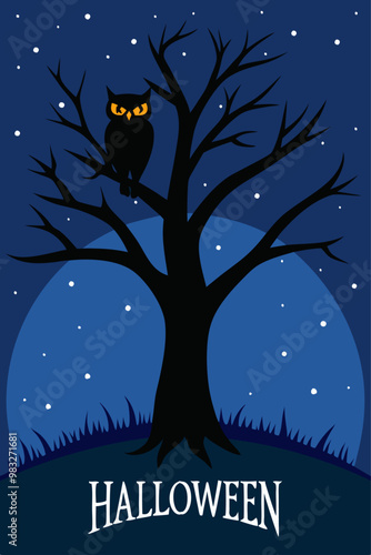 Un búho negro con ojos amarillos está posado en un árbol desnudo bajo el cielo estrellado. La luna llena ilumina la escena, destacando la palabra "Halloween" en la parte inferior. 