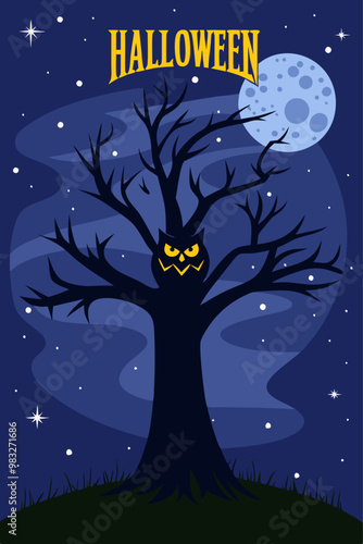 Árbol sin hojas con una cara malvada tallada en el tronco, iluminado por la luna llena. La palabra "Halloween" está escrita en la parte superior en amarillo. 