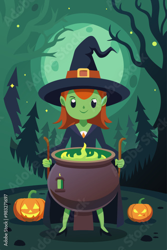 Bruja joven con piel verde está preparando una poción en su caldero, rodeada de calabazas, bajo la luna llena en un bosque oscuro. La escena tiene un toque amigable y festivo.