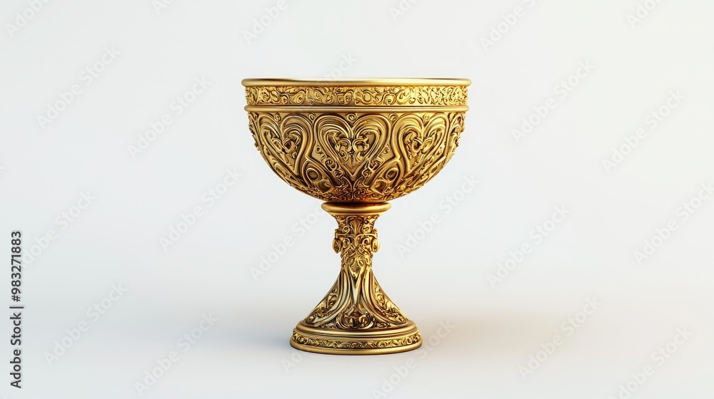 Majestic 3D Fantasy Chalice with Ornate Gold Designs on White Background Majestic 3D Fantasy Chalice with Ornate Gold Designs on White Background