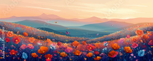 A vibrant flower field stretching to the horizon, with butterflies fluttering among the blooms. Vector flat minimalistic isolated illustration.