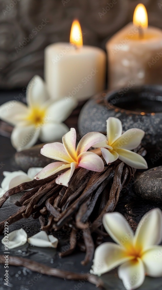 A tranquil and relaxing spa scene featuring soft candles and various aromatic elements to enhance ambiance and serenity A tranquil and relaxing spa scene featuring soft candles and various aromatic elements to enhance ambiance and serenity