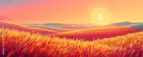 Fields with golden harvest swaying in the wind under the rising sun. Digital art style vector flat minimalistic isolated illustration.