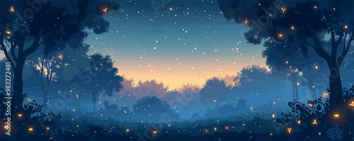 A magical twilight scene with fireflies illuminating a mystical forest glade under a canopy of twinkling stars. Vector flat minimalistic isolated illustration.