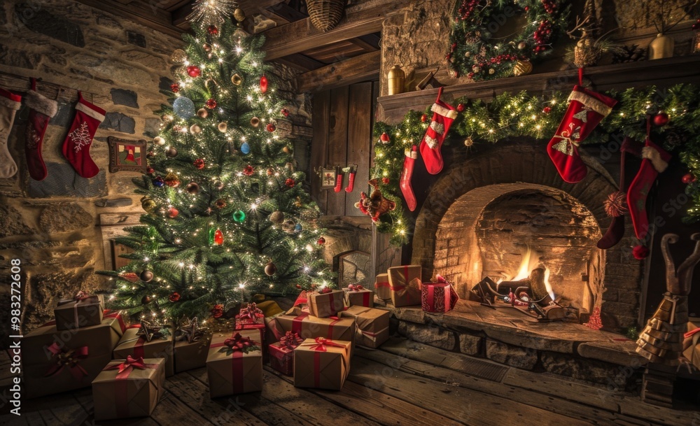 Fototapeta premium interior christmas. magic glowing tree, fireplace, gifts in dark