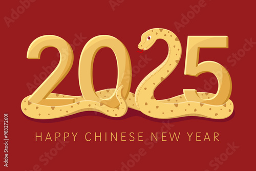 Chinese New Year. Year of the snake vector illustration. Golden snake on red background, symbol of the year. Lunar new year 2025.