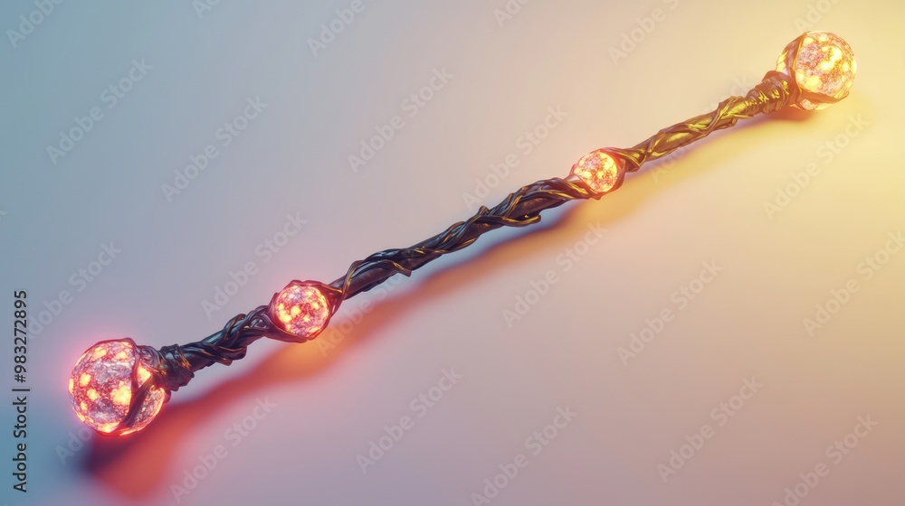 Fototapeta premium Mystical 3D Render of Enchanted Staff with Glowing Crystals on White Background
