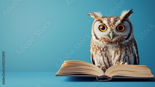 Wallpaper Mural Close-up of an owl with an open book against a blue background, symbolizing wisdom and learning. Torontodigital.ca