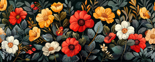 Stylish floral seamless rapport summer flowers with foliage. Vector illustration