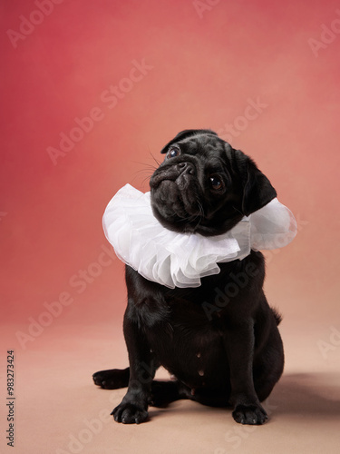 A black pug is wearing a white ruffled collar, sitting against a red background, looking up with a curious expression.