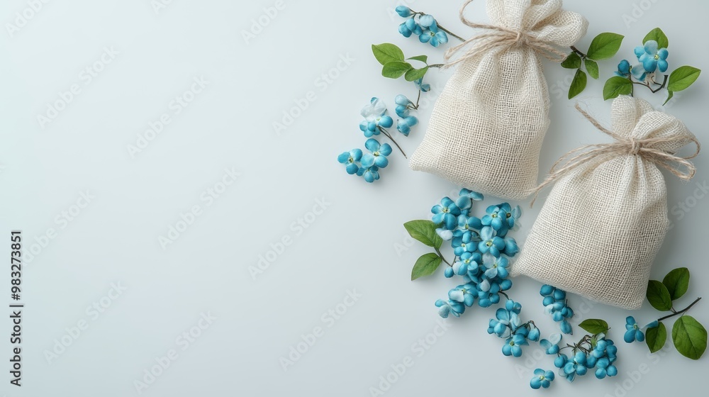 Two Reusable Cotton Bags, Blue Snowberry Twigs on White Background, Zero Waste, Top View Two Reusable Cotton Bags, Blue Snowberry Twigs on White Background, Zero Waste, Top View
