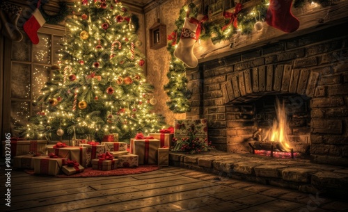 interior christmas. magic glowing tree, fireplace, gifts in dark