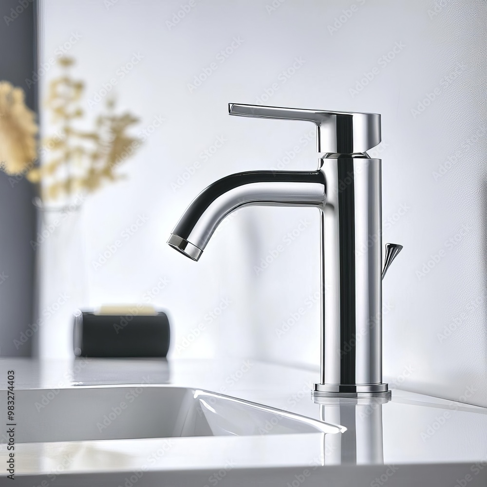Chrome faucet with minimalist design, mounted on a marble vanity, minimalist bathroom fixtures, sleek modern functionality Chrome faucet with minimalist design, mounted on a marble vanity, minimalist bathroom fixtures, sleek modern functionality