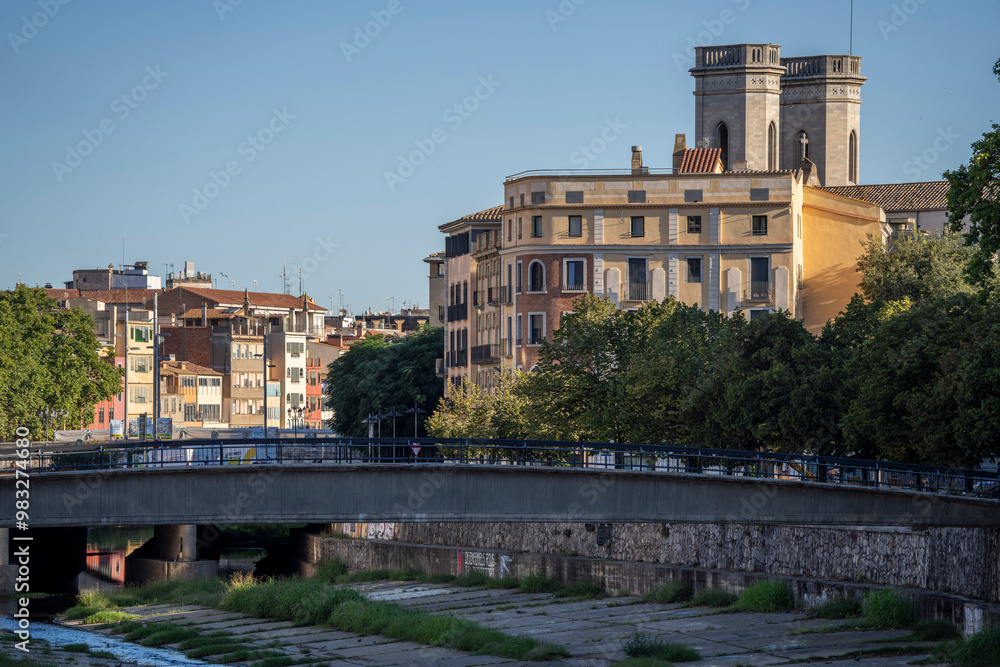 Obraz premium Houses of the Onyar River (Cases de l'Onyar), houses declared Architectural Heritage of Catalonia, Girona, Catalonia, Spain