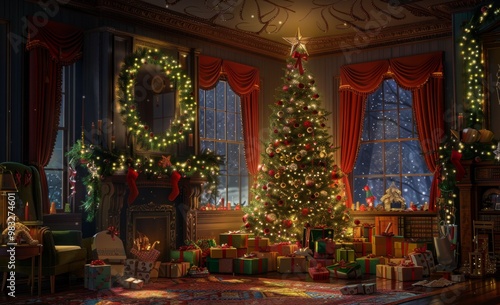 interior christmas. magic glowing tree, fireplace, gifts in dark