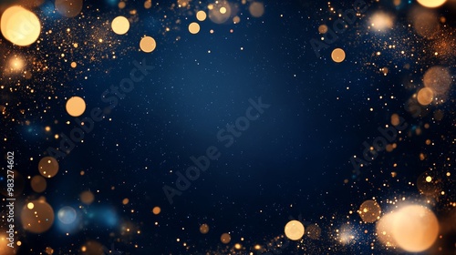 Dark blue magical night frame with twinkling bokeh and light art. Square wedding card. Gold confetti and navy background. Scattered golden celestial dust. Fairytale magic star template.