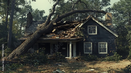 A dramatic scene of a large tree that has crashed onto the roof of a home, causing extensive damage. The broken branches and crushed roof illustrate the destructive force of the natural disaster