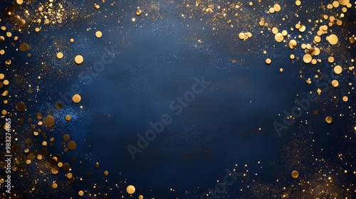Dark blue magical night frame with twinkling bokeh and light art. Square wedding card. Gold confetti and navy background. Scattered golden celestial dust. Fairytale magic star template.