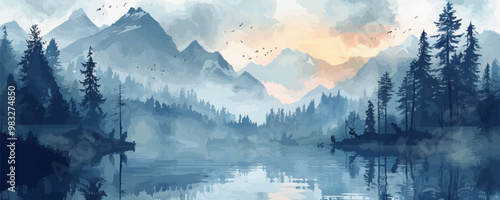 Misty forest where mysterious creatures lurk, surrounded by mountains and lakes. Vector flat minimalistic isolated illustration in digital art style.