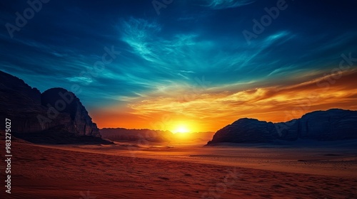 Desert sunset in Wadi Rum, Jordan. Vibrant blue and orange sky over desolate landscape. Unique rock formations and dunes.