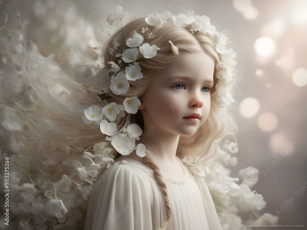 Little angel girl with flowers in her hair Little angel girl with flowers in her hair
