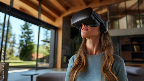 Woman using virtual reality headset in a modern wooden home