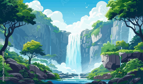 A waterfall cascading its mighty streams amidst green forests and cliffs. Vector illustration.