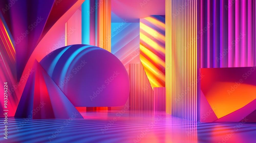 Abstract geometric shapes in vivid colors create a futuristic, almost otherworldly, scene. Abstract geometric shapes in vivid colors create a futuristic, almost otherworldly, scene.